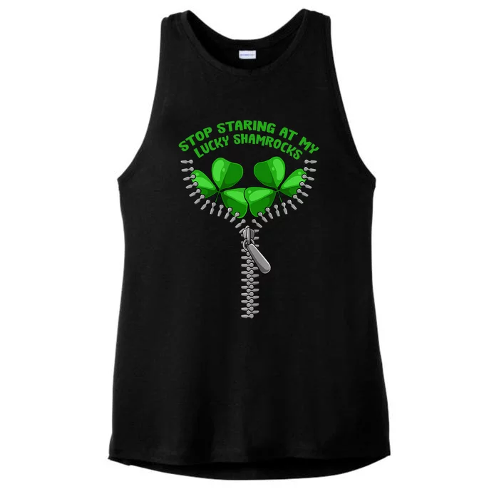 Wo Stop Staring Shamrock St Patricks Day Clover Pun Humor Ladies Tri-Blend Wicking Tank