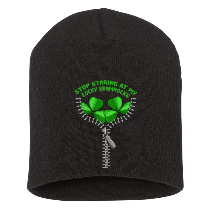 Wo Stop Staring Shamrock St Patricks Day Clover Pun Humor Short Acrylic Beanie