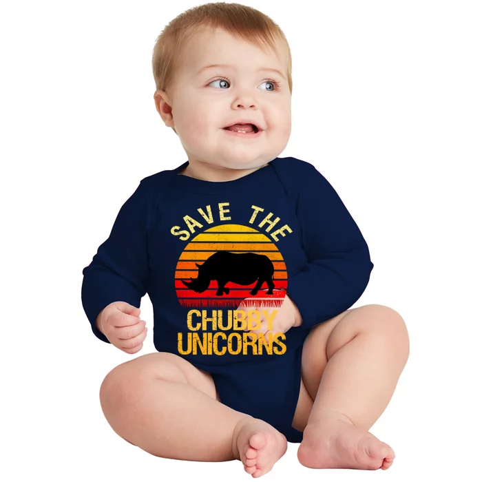 Wo Save The Chubby Unicorns Rhino Sunset Retro Gift Baby Long Sleeve Bodysuit