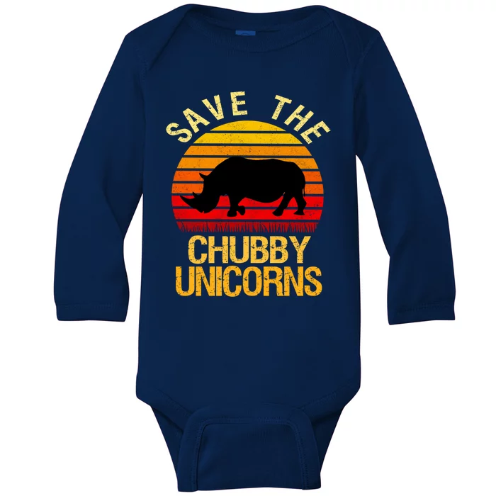 Wo Save The Chubby Unicorns Rhino Sunset Retro Gift Baby Long Sleeve Bodysuit