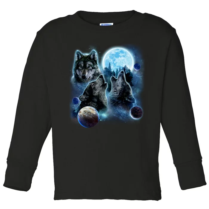 Wolf Shirt Three Wolves Moon Wolf Moon Toddler Long Sleeve Shirt