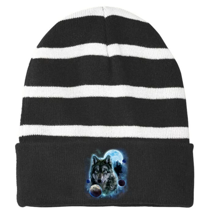 Wolf Shirt Three Wolves Moon Wolf Moon Striped Beanie with Solid Band