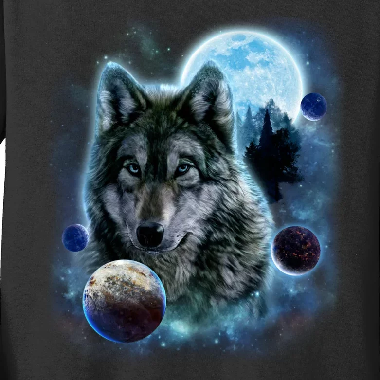 Wolf Shirt Three Wolves Moon Wolf Moon Kids Long Sleeve Shirt