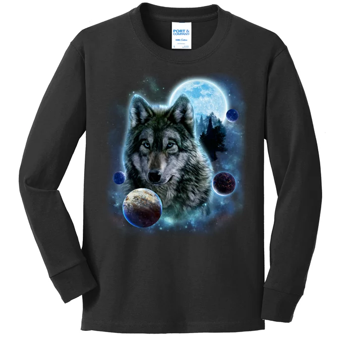 Wolf Shirt Three Wolves Moon Wolf Moon Kids Long Sleeve Shirt