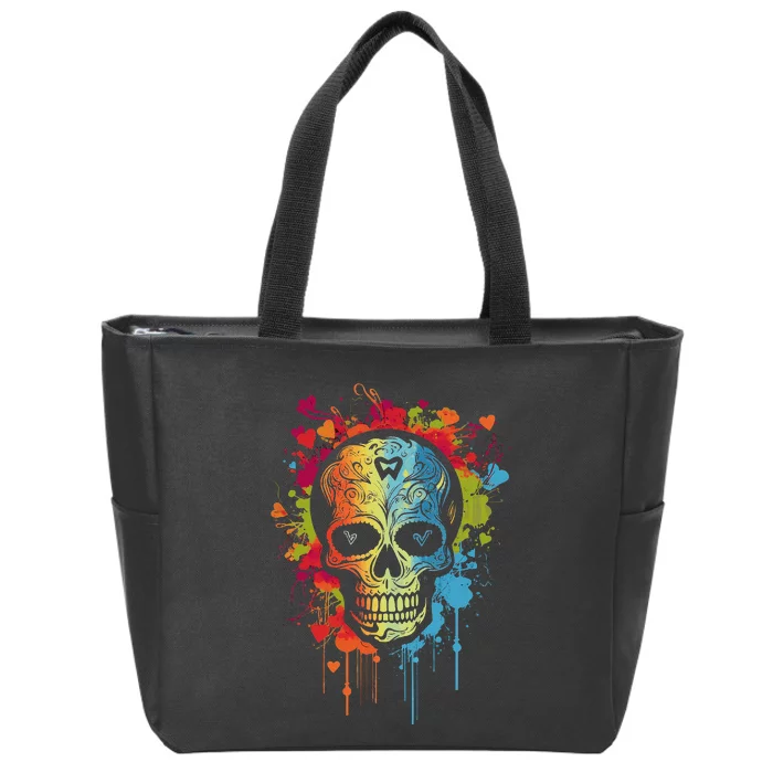 Watercolor Skull Tee Graphic Color Skull Tees Halloween Zip Tote Bag