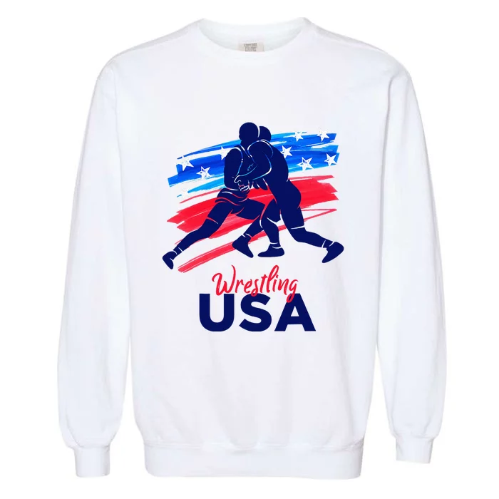 Wrestling Support The Team Wrestling Athlete Usa Flag Garment-Dyed Sweatshirt