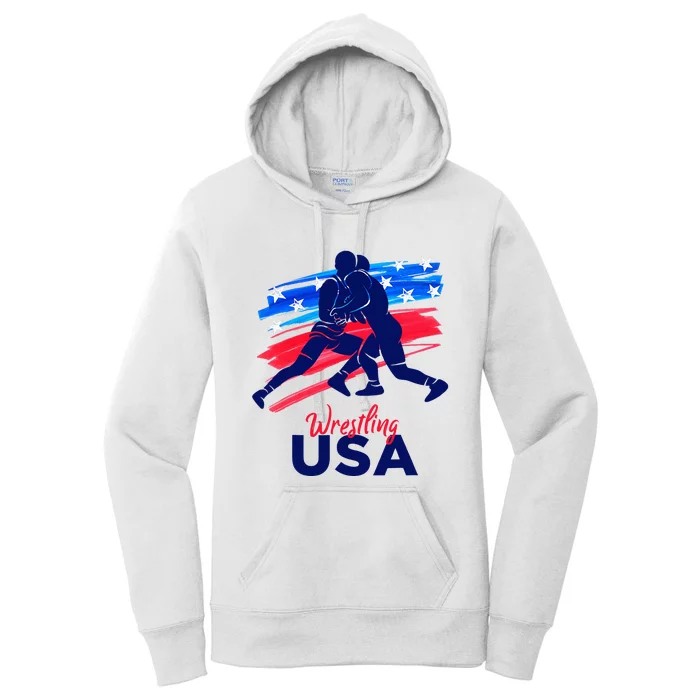 Wrestling Support The Team Wrestling Athlete Usa Flag Women's Pullover Hoodie