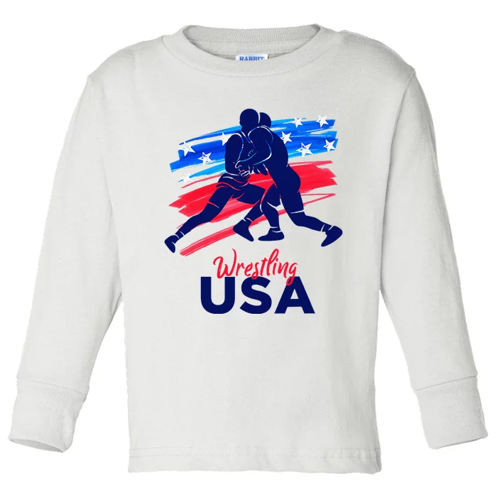 Wrestling Support The Team Wrestling Athlete Usa Flag Toddler Long Sleeve Shirt