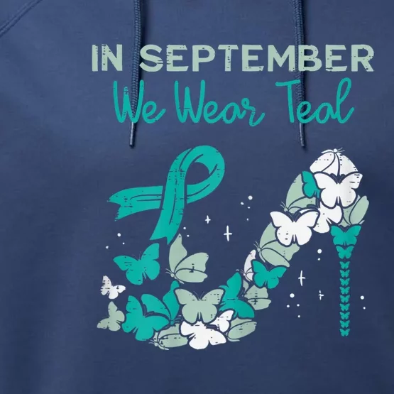 Womens September We Wear Teal Ribbon Shoe Ovarian Cancer Awareness Performance Fleece Hoodie