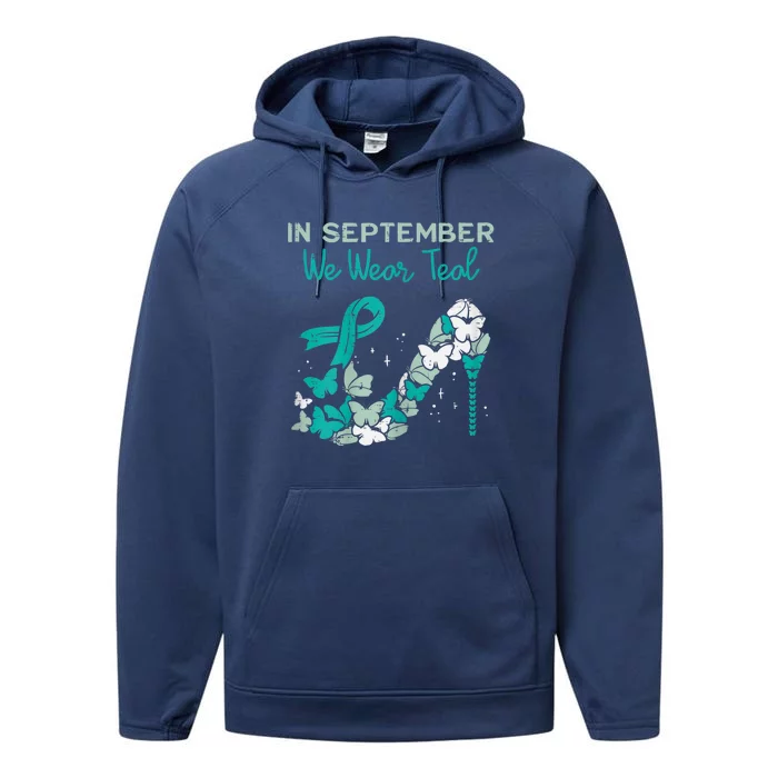 Womens September We Wear Teal Ribbon Shoe Ovarian Cancer Awareness Performance Fleece Hoodie