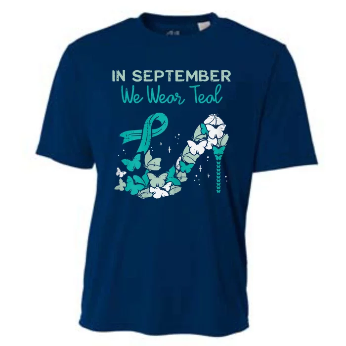 Womens September We Wear Teal Ribbon Shoe Ovarian Cancer Awareness Cooling Performance Crew T-Shirt