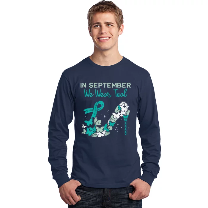 Womens September We Wear Teal Ribbon Shoe Ovarian Cancer Awareness Long Sleeve Shirt