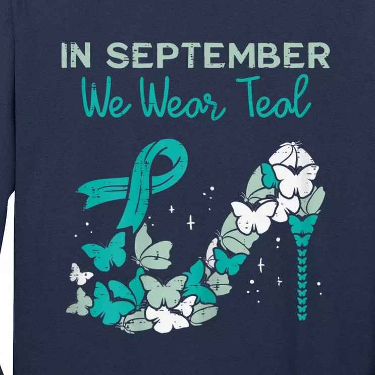 Womens September We Wear Teal Ribbon Shoe Ovarian Cancer Awareness Long Sleeve Shirt