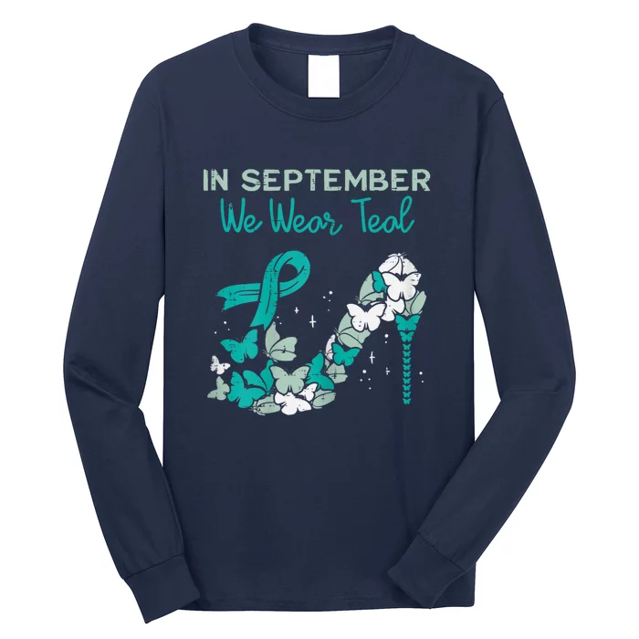 Womens September We Wear Teal Ribbon Shoe Ovarian Cancer Awareness Long Sleeve Shirt