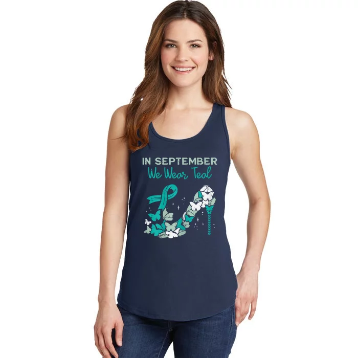 Womens September We Wear Teal Ribbon Shoe Ovarian Cancer Awareness Ladies Essential Tank