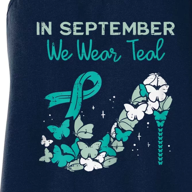 Womens September We Wear Teal Ribbon Shoe Ovarian Cancer Awareness Women's Racerback Tank