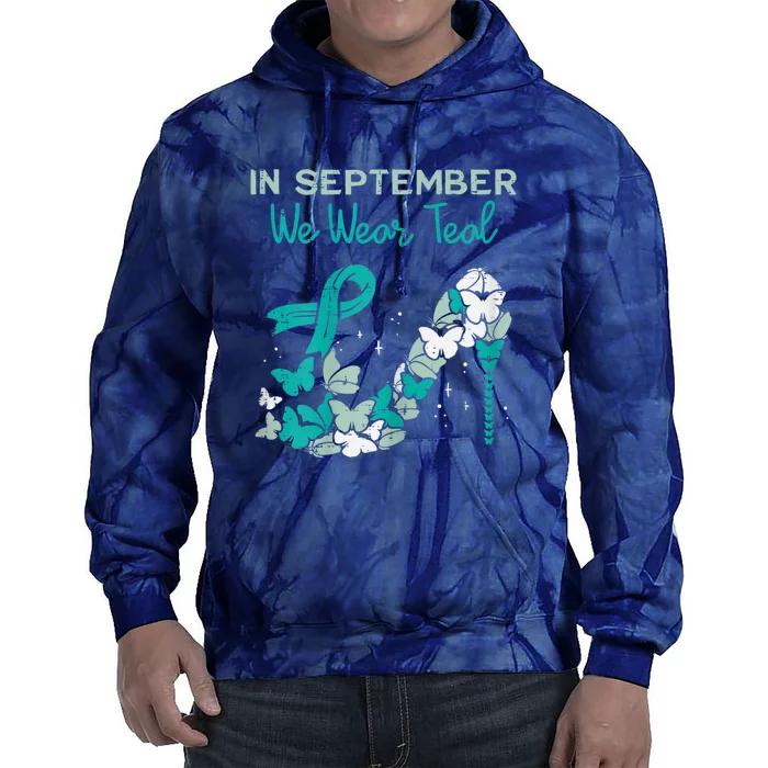 Womens September We Wear Teal Ribbon Shoe Ovarian Cancer Awareness Tie Dye Hoodie