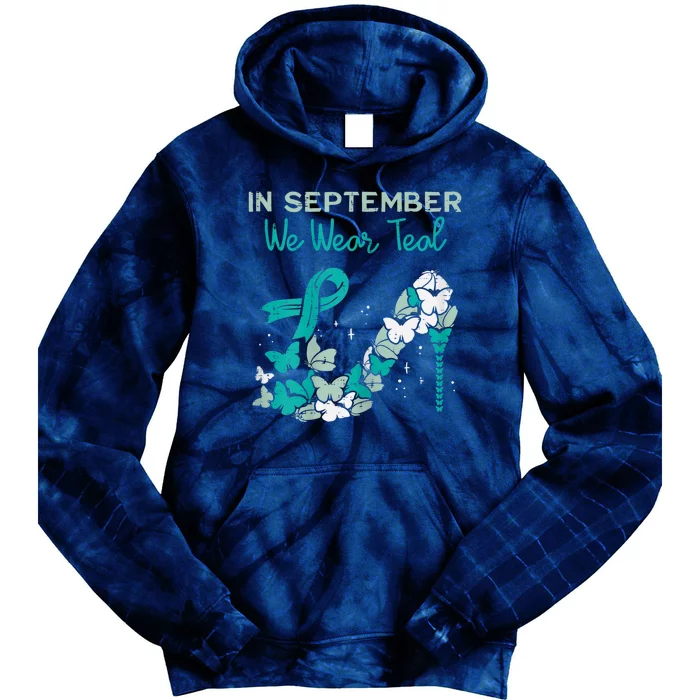 Womens September We Wear Teal Ribbon Shoe Ovarian Cancer Awareness Tie Dye Hoodie