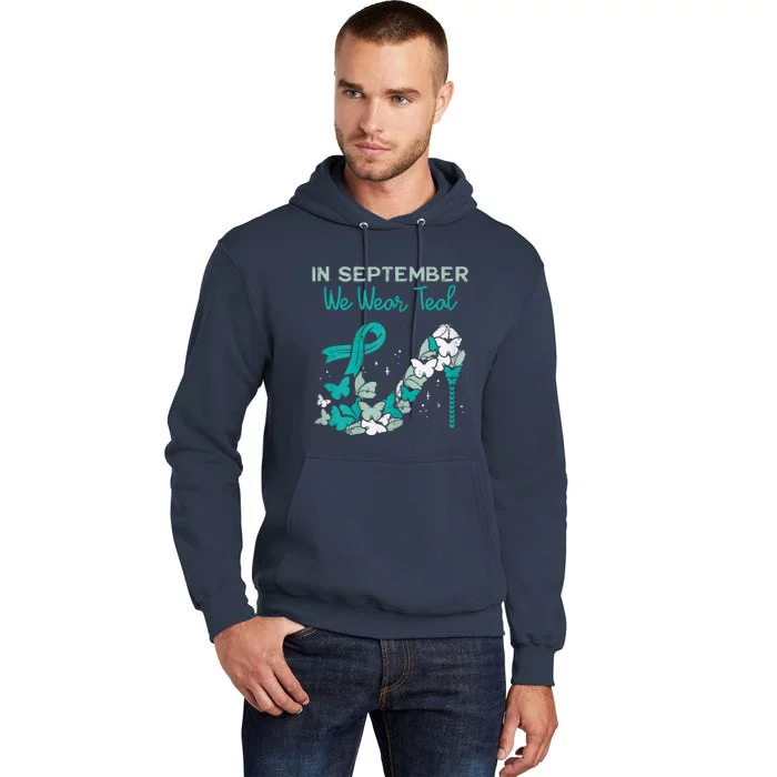 Womens September We Wear Teal Ribbon Shoe Ovarian Cancer Awareness Tall Hoodie