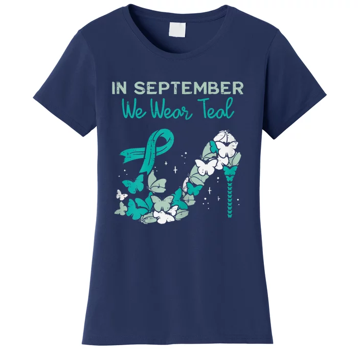 Womens September We Wear Teal Ribbon Shoe Ovarian Cancer Awareness Women's T-Shirt