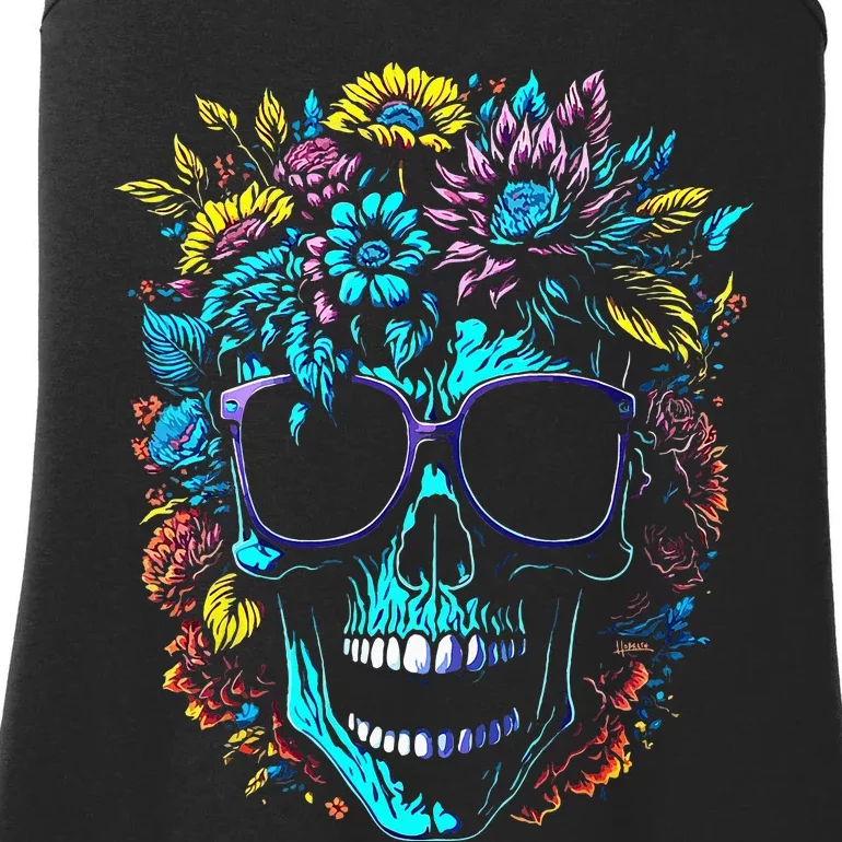 Wild Skull with Flowers and Wearing Sunglasses Design Ladies Essential Tank