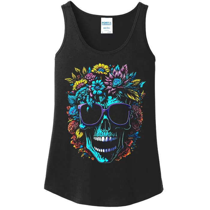 Wild Skull with Flowers and Wearing Sunglasses Design Ladies Essential Tank