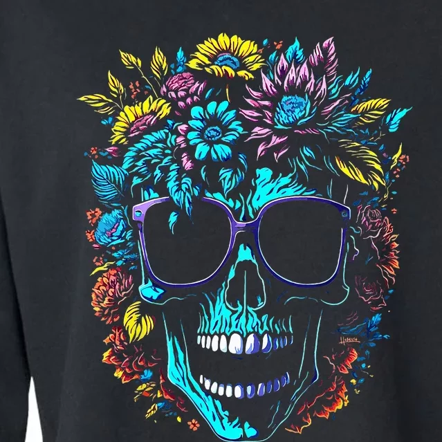 Wild Skull with Flowers and Wearing Sunglasses Design Cropped Pullover Crew