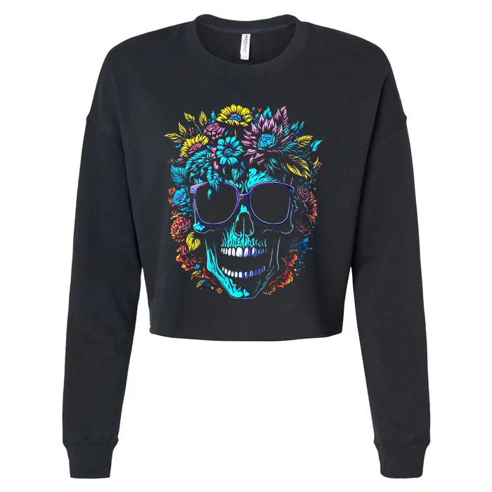 Wild Skull with Flowers and Wearing Sunglasses Design Cropped Pullover Crew