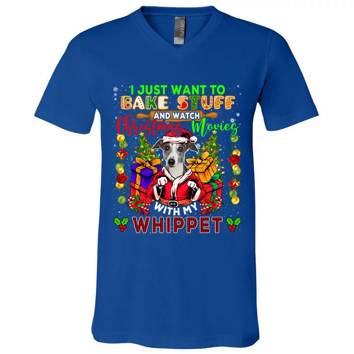 Want To Bake Stuff And Watch Xmas Movies With Whippet Santa Gift V-Neck T-Shirt