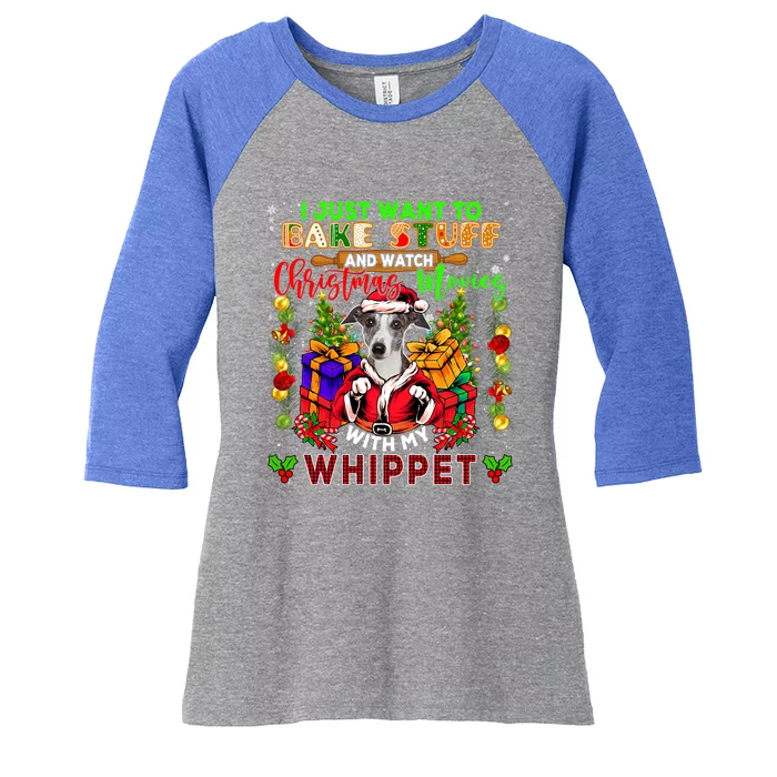 Want To Bake Stuff And Watch Xmas Movies With Whippet Santa Gift Women's Tri-Blend 3/4-Sleeve Raglan Shirt