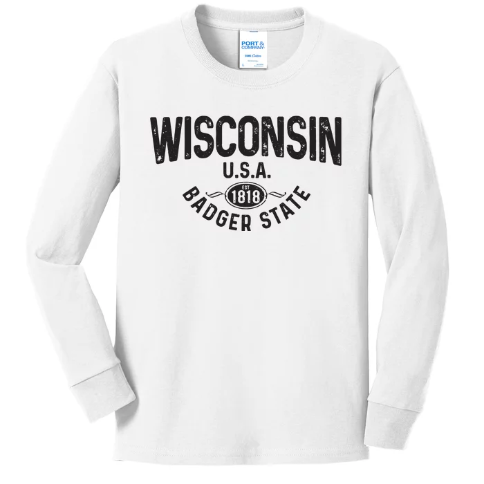 Wisconsin The Badger State Est 1818 Gift Kids Long Sleeve Shirt