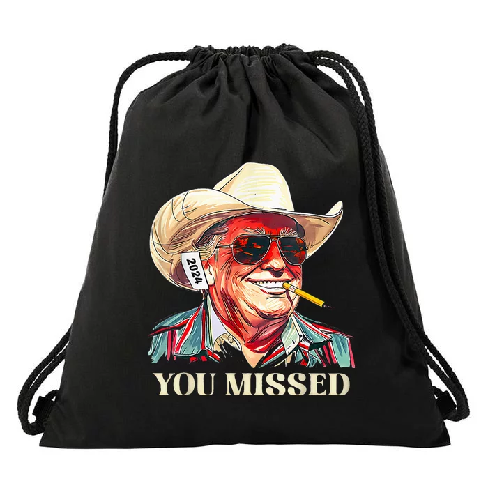 Western Trump Cow You Missed American Flag Cow Hat Drawstring Bag