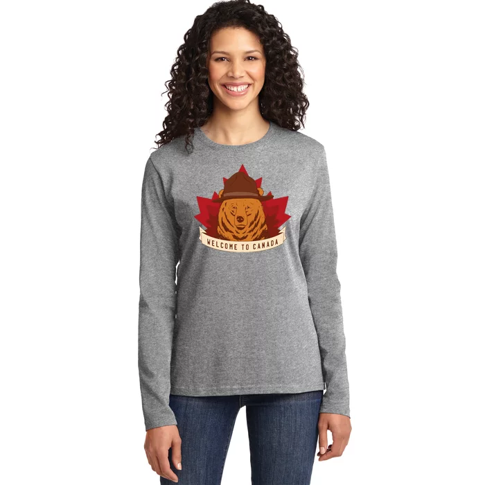 Welcome To Canada Maple Leaf Bear Ladies Long Sleeve Shirt