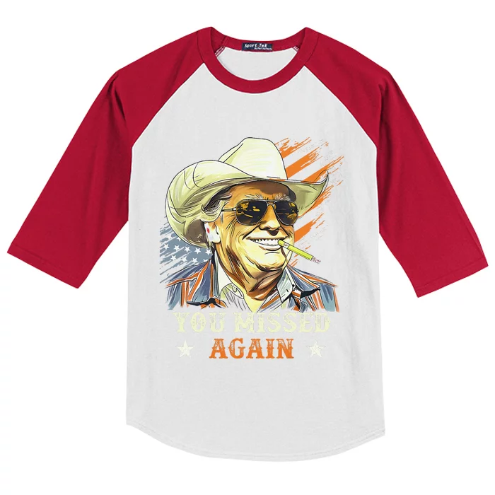 Western Trump Cowboy You Missed Again Funny Gift Kids Colorblock Raglan Jersey