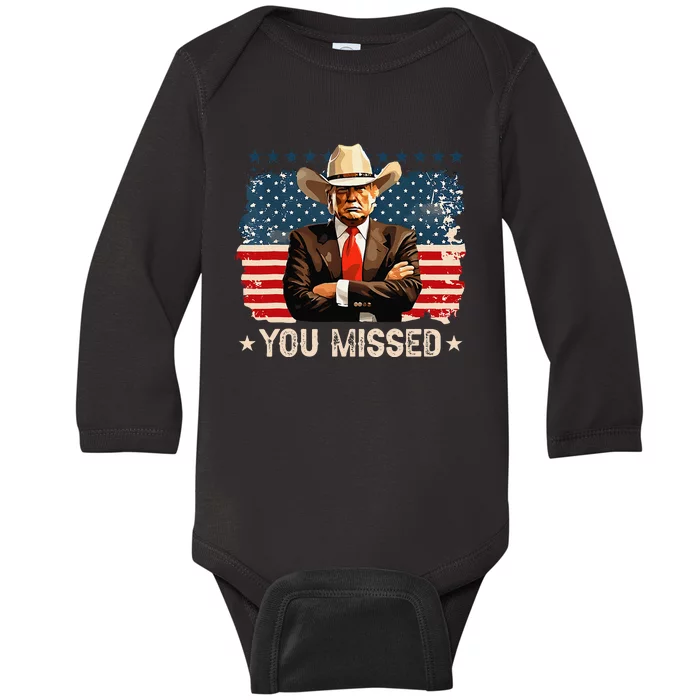 Western Trump Cowboy You Missed Again Funny Baby Long Sleeve Bodysuit