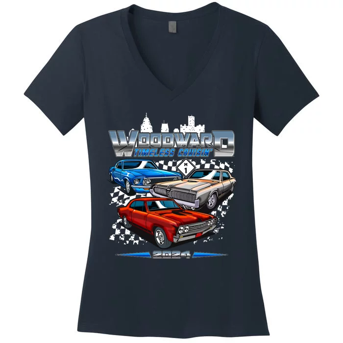 Woodward Timeless Cruisin 2024 Muscle Cars Women's V-Neck T-Shirt