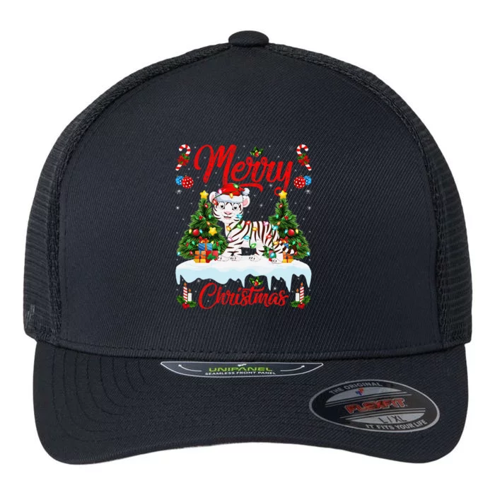 White Tiger Christmas Tree Lighting Santa White Tiger Xmas Flexfit Unipanel Trucker Cap