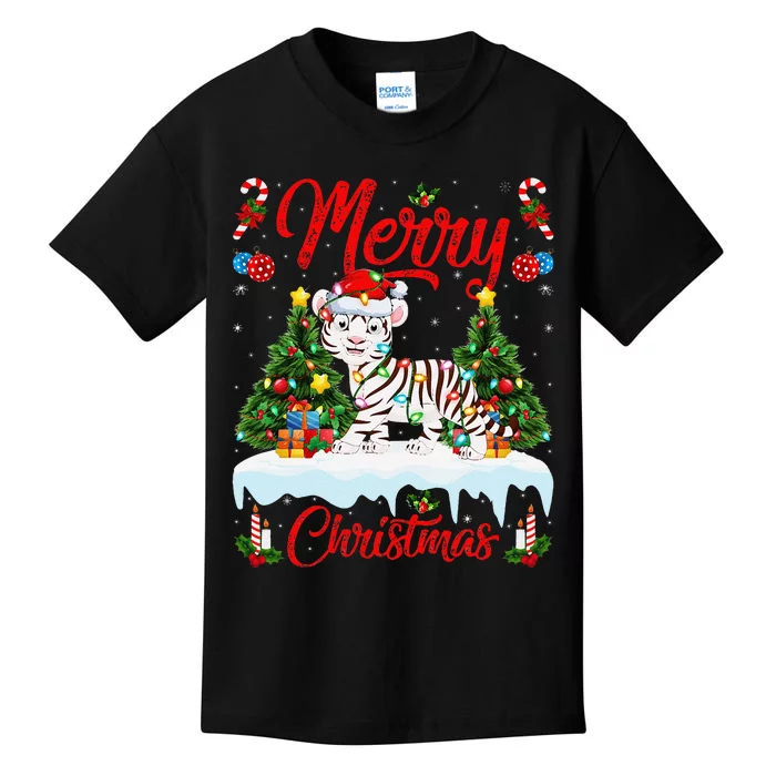 White Tiger Christmas Tree Lighting Santa White Tiger Xmas Kids T-Shirt