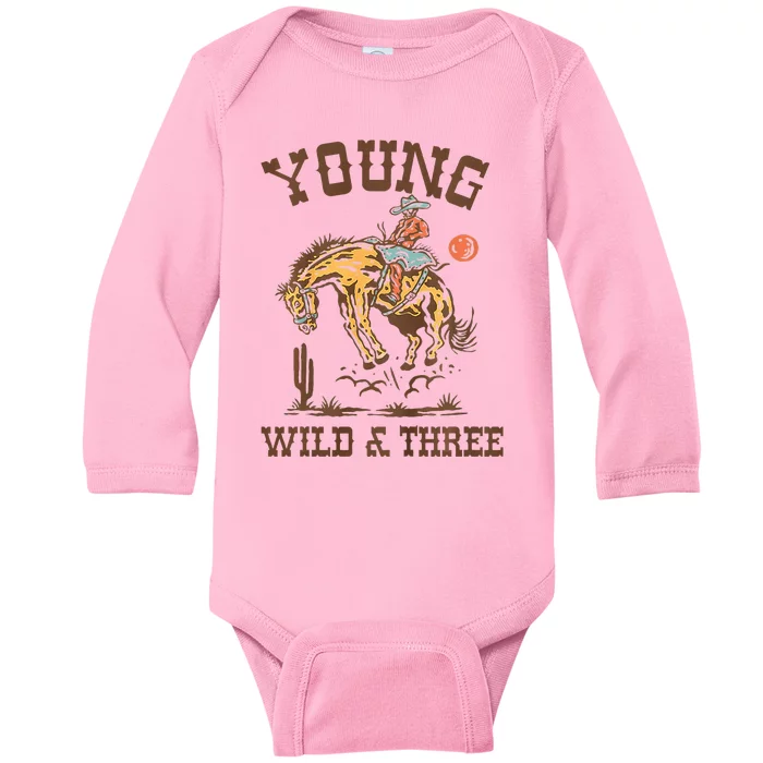 Wild & Three Cow Western Rodeo 3rd Birthday Baby Long Sleeve Bodysuit