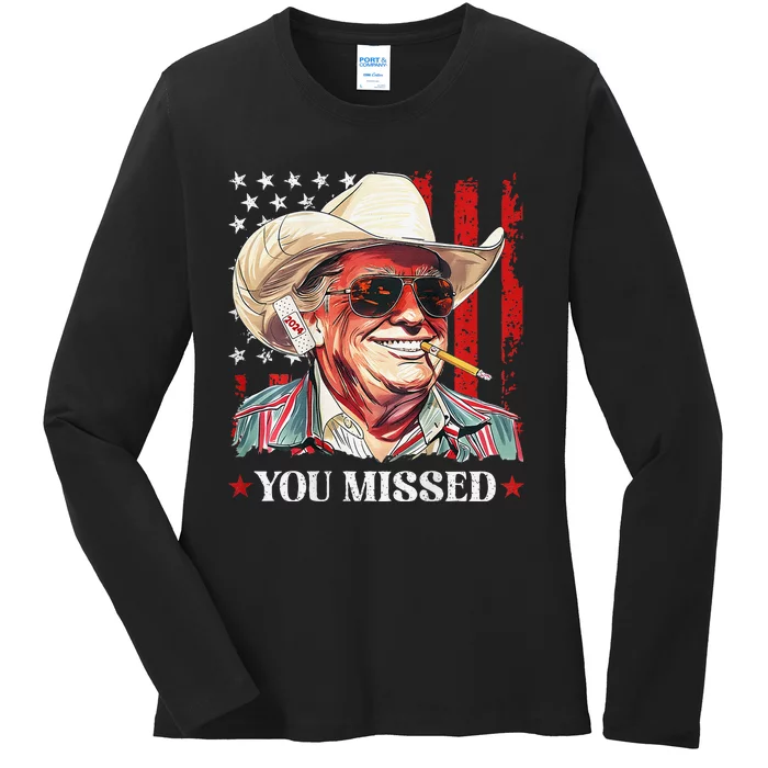 Western Trump Cowboy You Missed Trump 2024 Usa Flag Ladies Long Sleeve Shirt