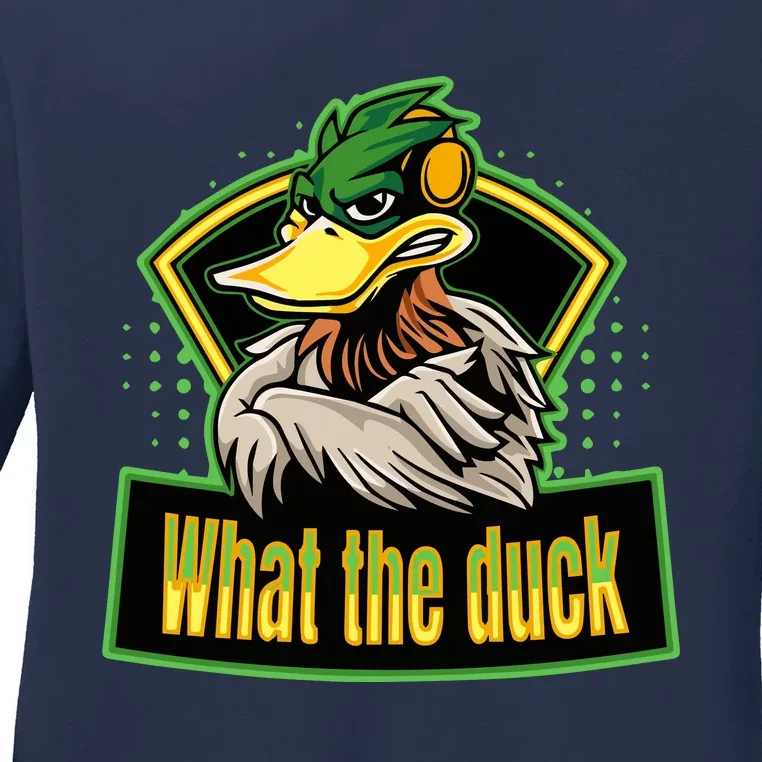 What The Duck Funny Duck Pun Funny Puns Duck Gamer Video Games Ladies Long Sleeve Shirt