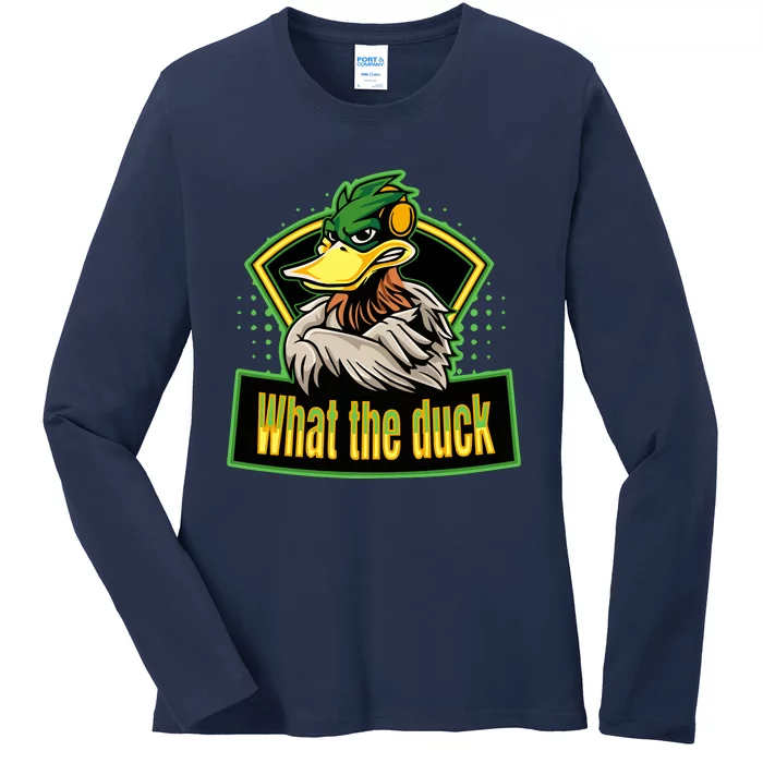 What The Duck Funny Duck Pun Funny Puns Duck Gamer Video Games Ladies Long Sleeve Shirt