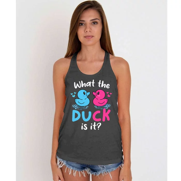 What The Ducks Is It Baby Gender Reveal Party Baby Shower Women's Knotted Racerback Tank