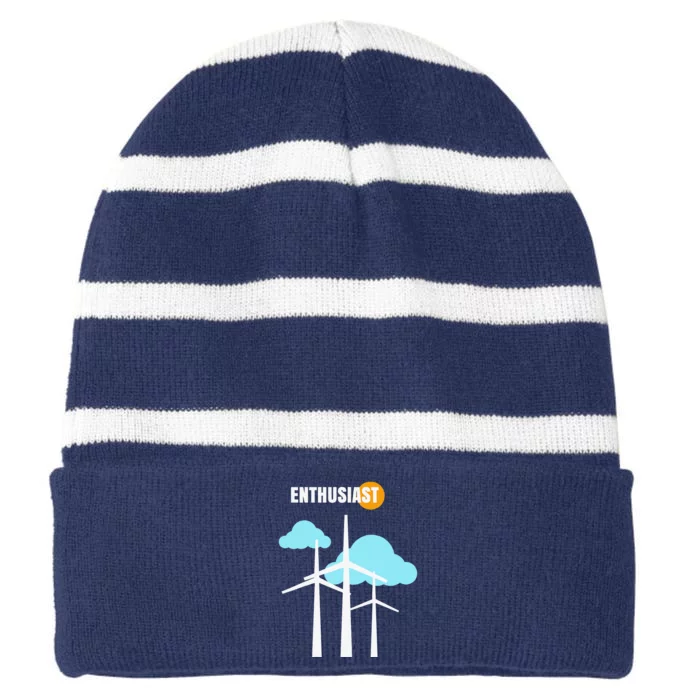 Wind Turbine Enthusiast Renewable Energy Environment Striped Beanie with Solid Band