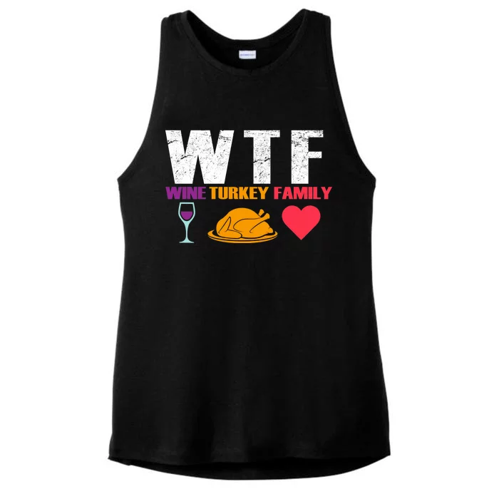 WTF Wine Turkey Family Thanksgiving Ladies Tri-Blend Wicking Tank