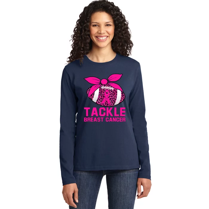 Woman Tackle Football Pink Ribbon Breast Cancer Awareness Ladies Long Sleeve Shirt