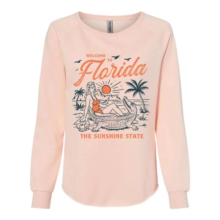 Welcome To Florida Funny Vintage Gator Beach Sunshine State Womens California Wash Sweatshirt