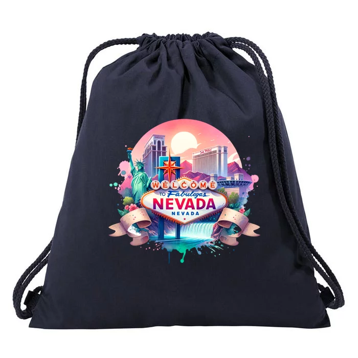 Welcome To Fabulous Nevada Las Vegas Water Color Logo Drawstring Bag