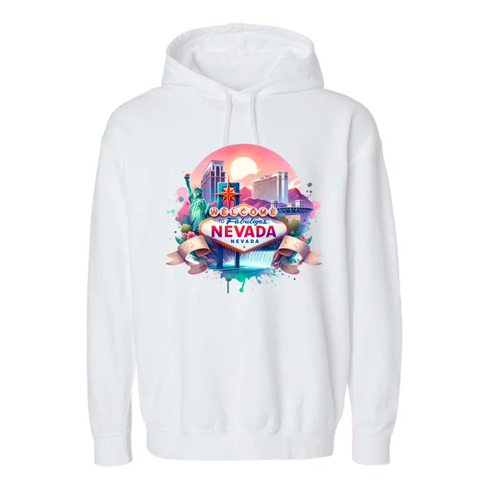 Welcome To Fabulous Nevada Las Vegas Water Color Logo Garment-Dyed Fleece Hoodie