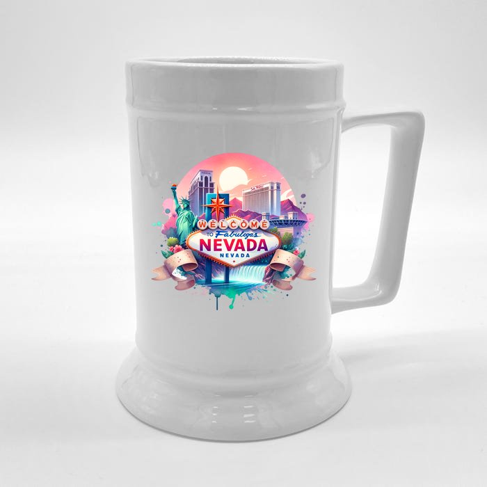 Welcome To Fabulous Nevada Las Vegas Water Color Logo Front & Back Beer Stein